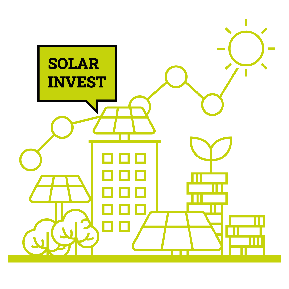 Grafik aus Linien, im Hintergrund ein weißer Halbkreis der unten durch eine dicke grüne Linie gekürzt wird. Auf der Linie bauen sich von links nach rechts versetzt Büsche, Solaranlage, höheres Auto, Solaranlage und gestapelte Münzen. Oben hinter dem Hochhaus verläuft noch ein Liniendiagramm was zu einer Sonne wird. Links ist noch eine Sprechblase mit "Solar Invest"