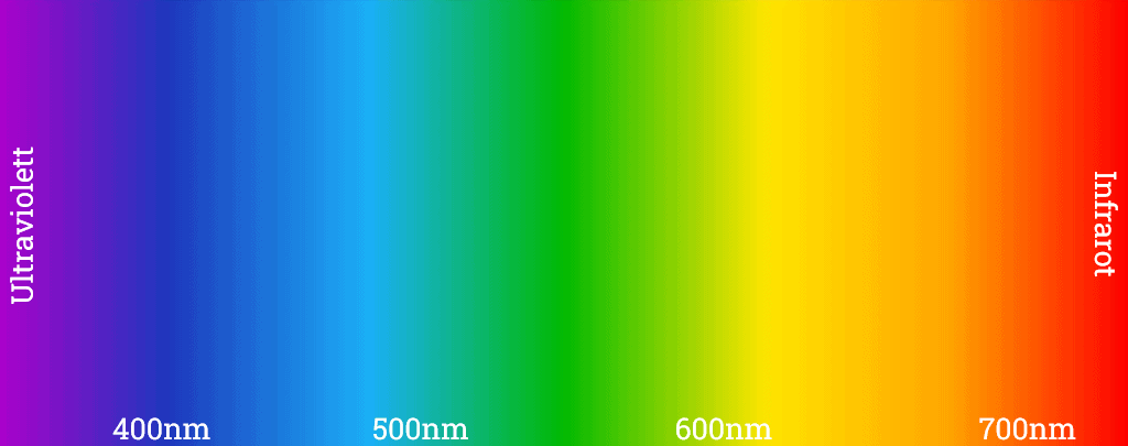 Das für den den Menschen sichtbare Lichtspektrum. Links steht Ultraviolet und rechts Infrarot.