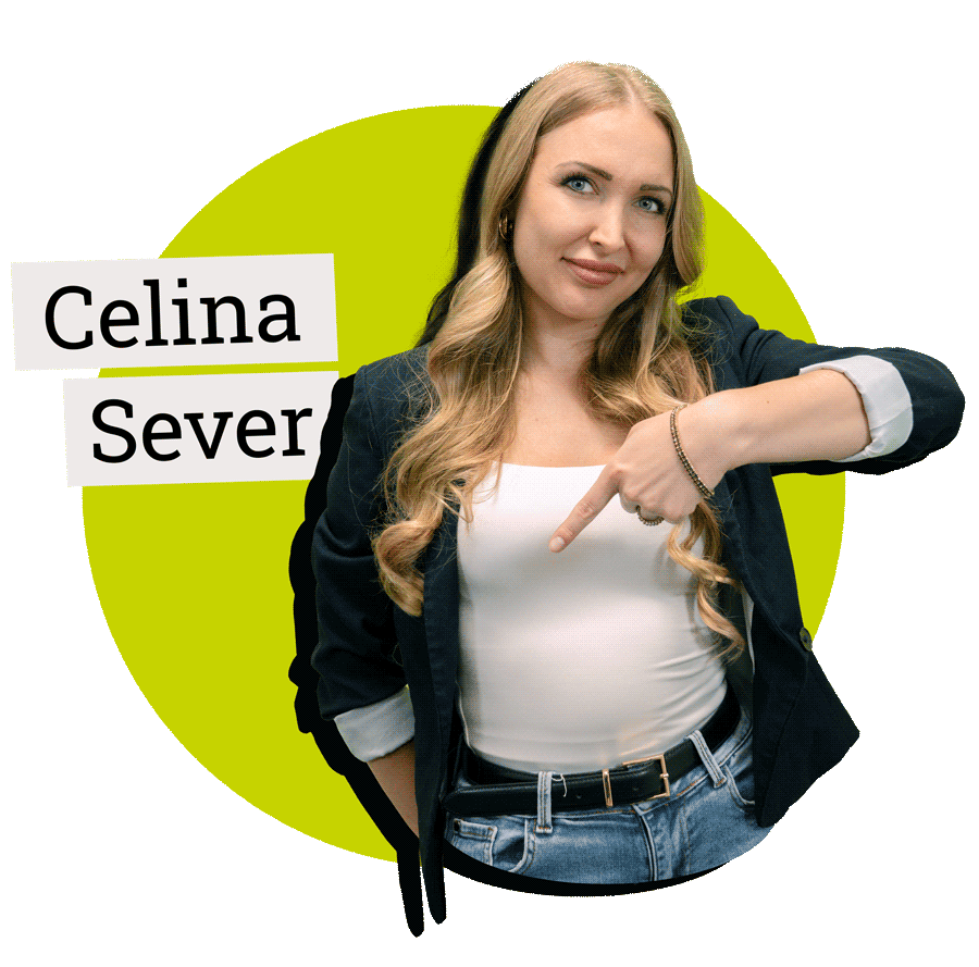 Celina Sever Name steht neben ihrer Person, die nach unten zeigt.