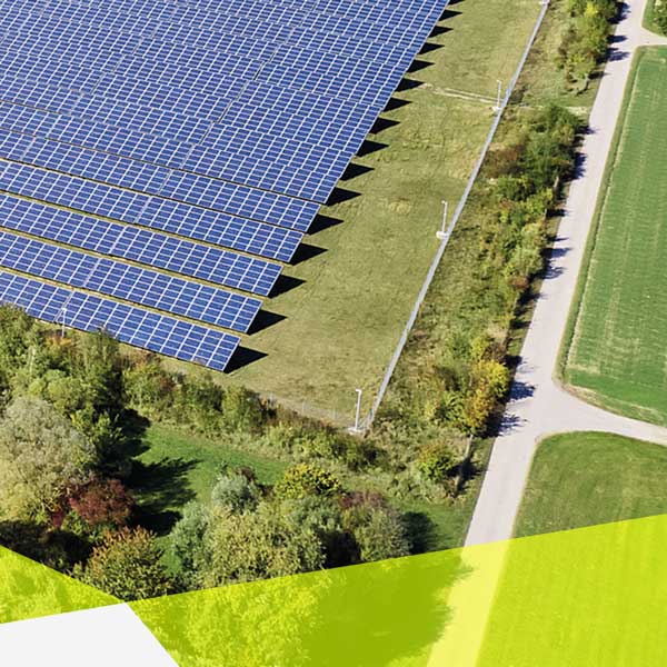 Vogelperspektive: Eine Straße führt von unten nach oben diagonal durch das Bild, man erkennt zwei rechts Abzweigungen. Paralell dazu in auf der linken Seite eine Baum Allee, an der ein großer Solarpark angrenzt.