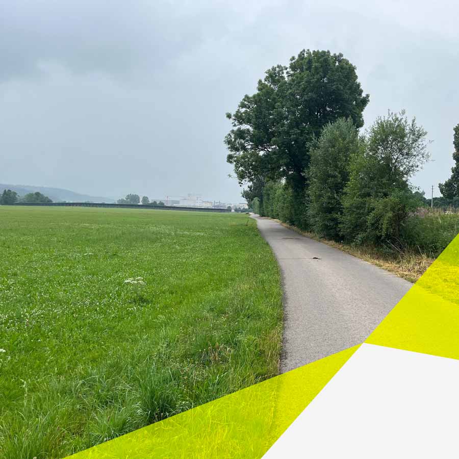 Links ist ein grünes Feld zu sehen. Im rechten letzten Drittel ist ein betonierter Weg mit großen Büschen und Bäumen zu sehen. Am Horizont sieht man ein weißes Gebäude und kleine Berge. Dahinter ist es leicht verschleiert, wie Regen oder Nebel, dahinter lässt sich ganz ein Hügel erahnen. Es ist sehr bewölkt.