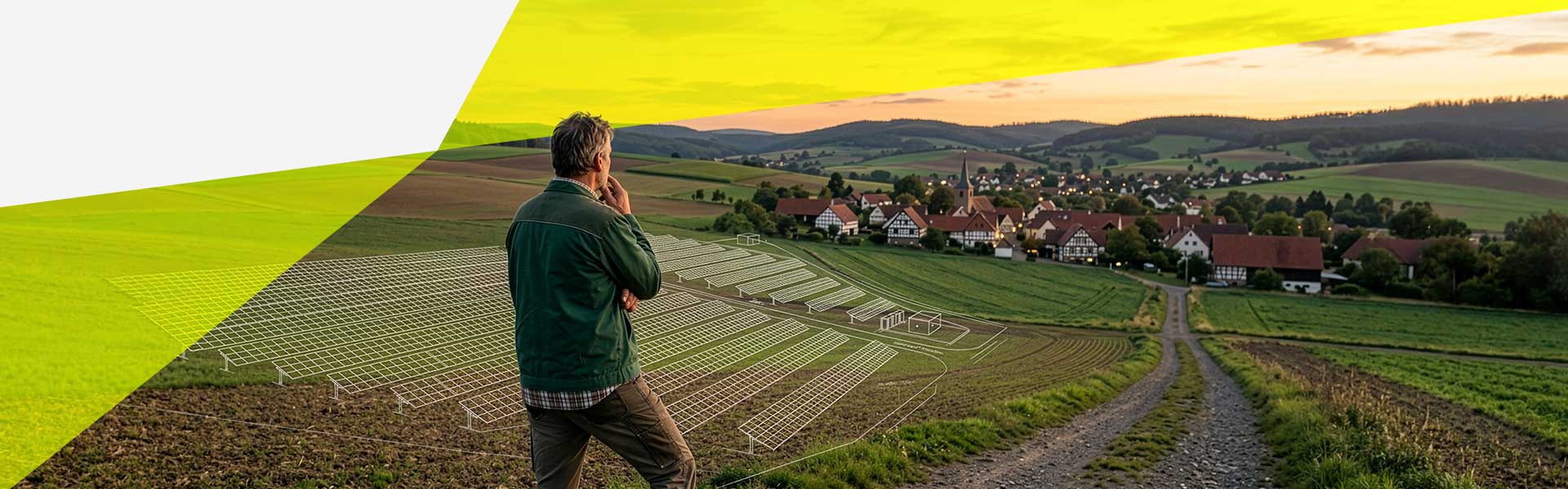 Eine männlich Person steht mit dem Rücken zur Kamera und blickt auf ein großes Feld, mit einer kleiner Stadt im Hintergrund. Auf dem großen Feld ist eine Skizze von einer möglichen Solaranlage.